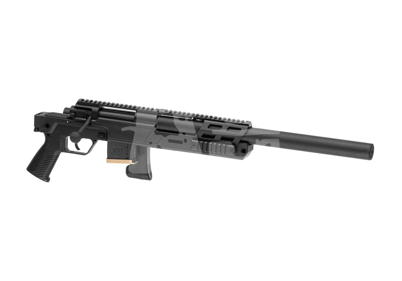 Archwick B&T SPR 300 Pro 2.8J - ab 18 Jahren Taktisches Airsoft-Präzisionsgewehr mit langem Lauf und seitlichem Ladehebel in schwarzer Lackierung.