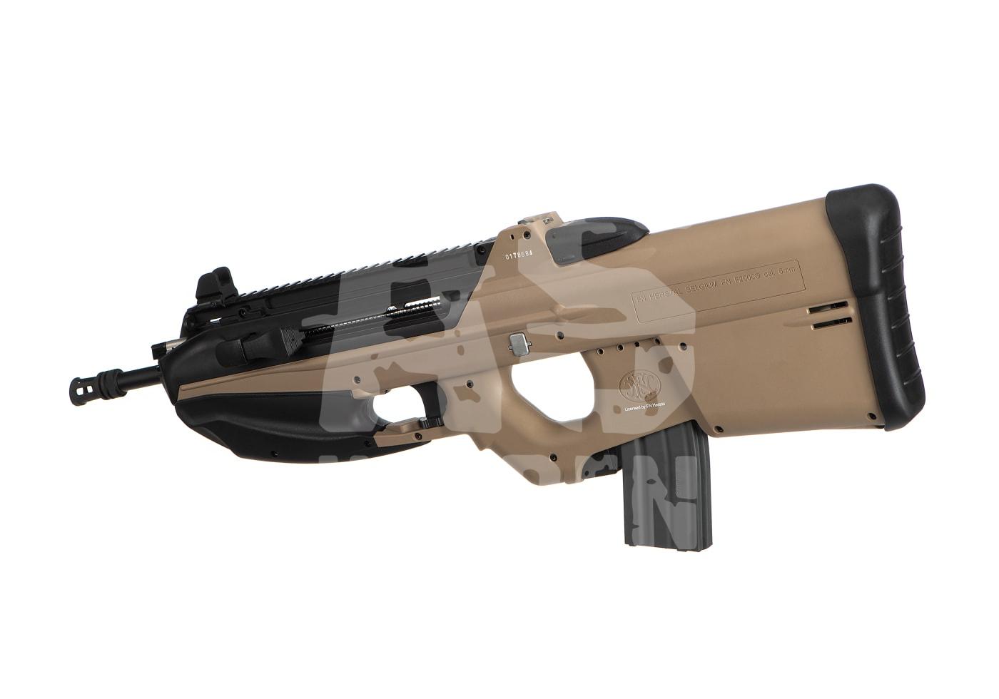 G&G FN F2000 Tactical S-AEG - ab 18 Jahren TAN/Schwarzes Airsoft-Sturmgewehr im Bullpup-Design, rechte Seitenansicht.