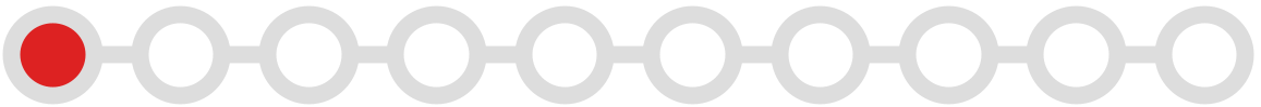 Eine horizontale Kette aus neun Kreisen, der erste ist rot, die anderen grau.