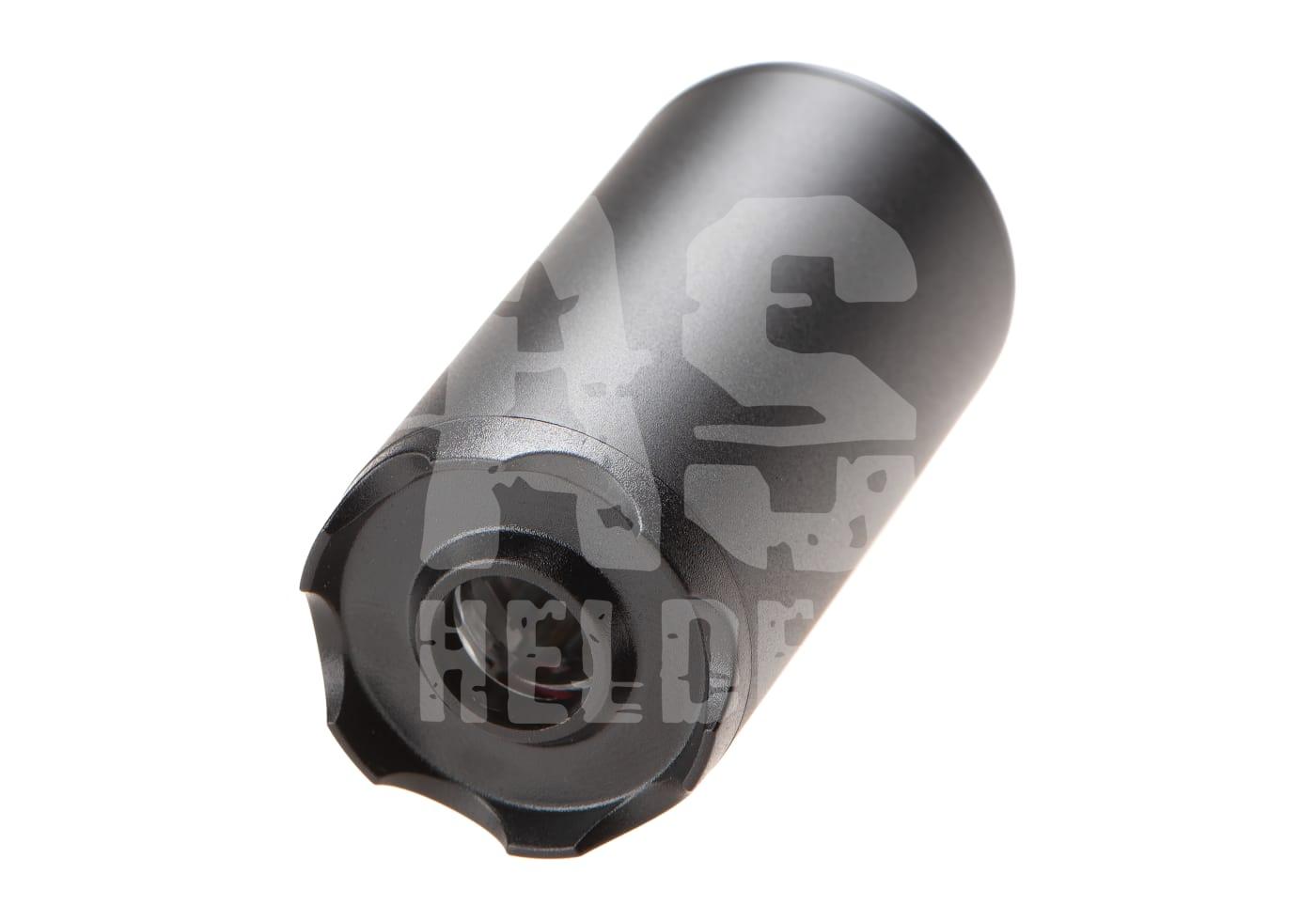 Schwarzer Airsoft-Schalldämpfer, zylindrisch mit glatter Oberfläche, markiert mit "AS Helden" Logo.