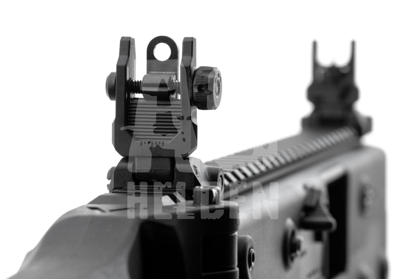 Krytac Kriss Vector S-GBB schwarz - ab 18 Jahren Airsoft-Kimme auf Gewehr mit Picatinny-Schiene, Nahaufnahme.