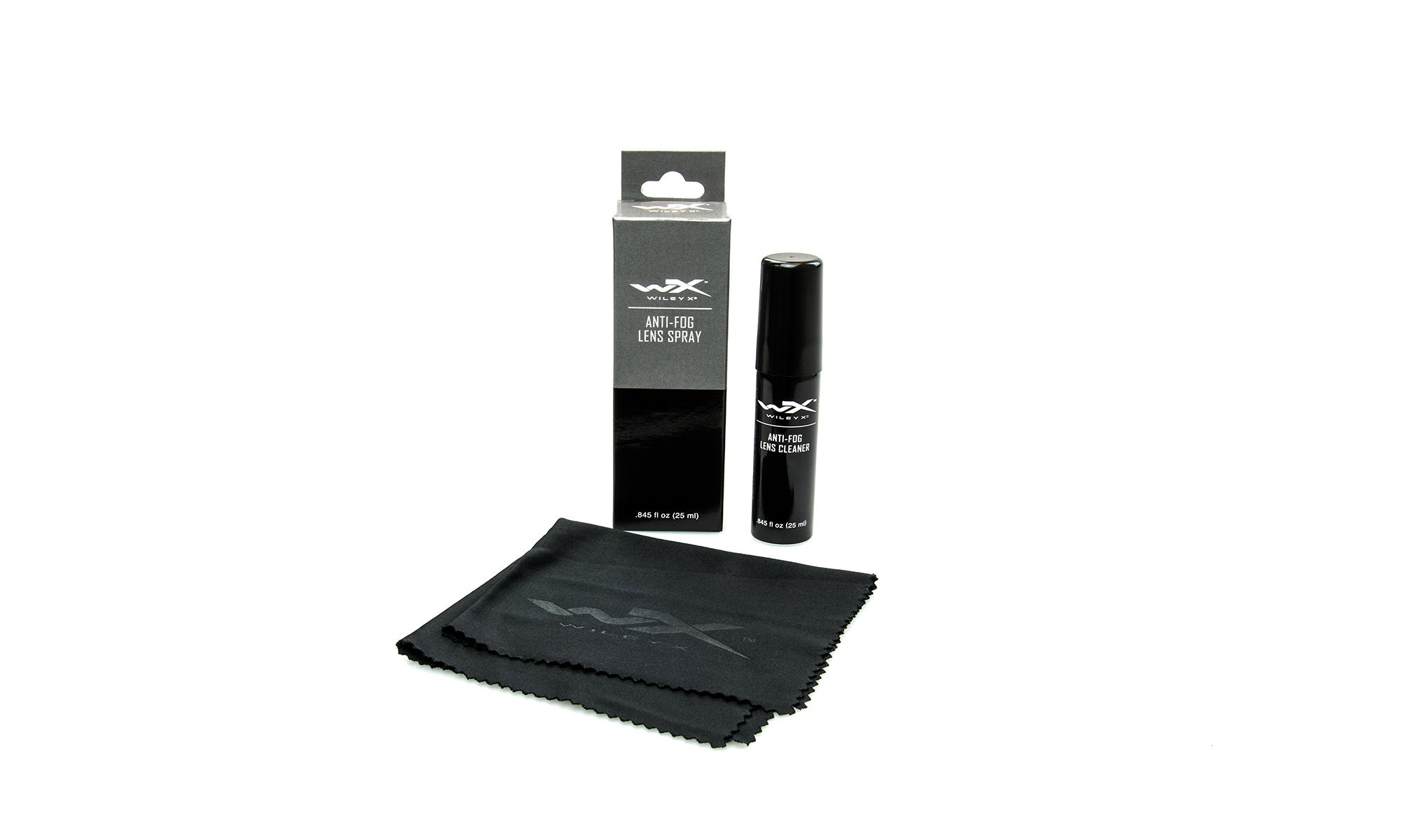 WX Antibeschlagspray, 25 ml Flasche, mit Brillenputztuch Anti-Beschlag-Spray, Flasche und Verpackung, mit Reinigungstuch, auf weißem Hintergrund.