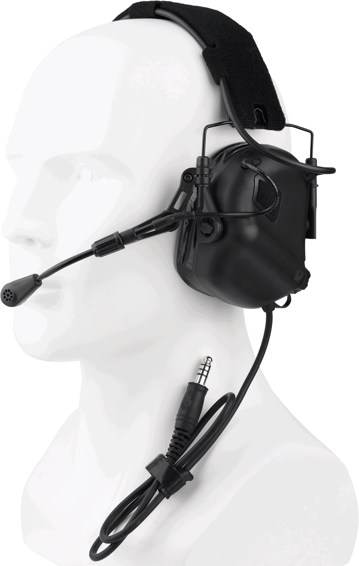 Earmor™ M32 Plus Headset Taktisches Headset mit Mikrofon und Kabel auf einem Modellkopf, geeignet für Airsoft-Kommunikation.