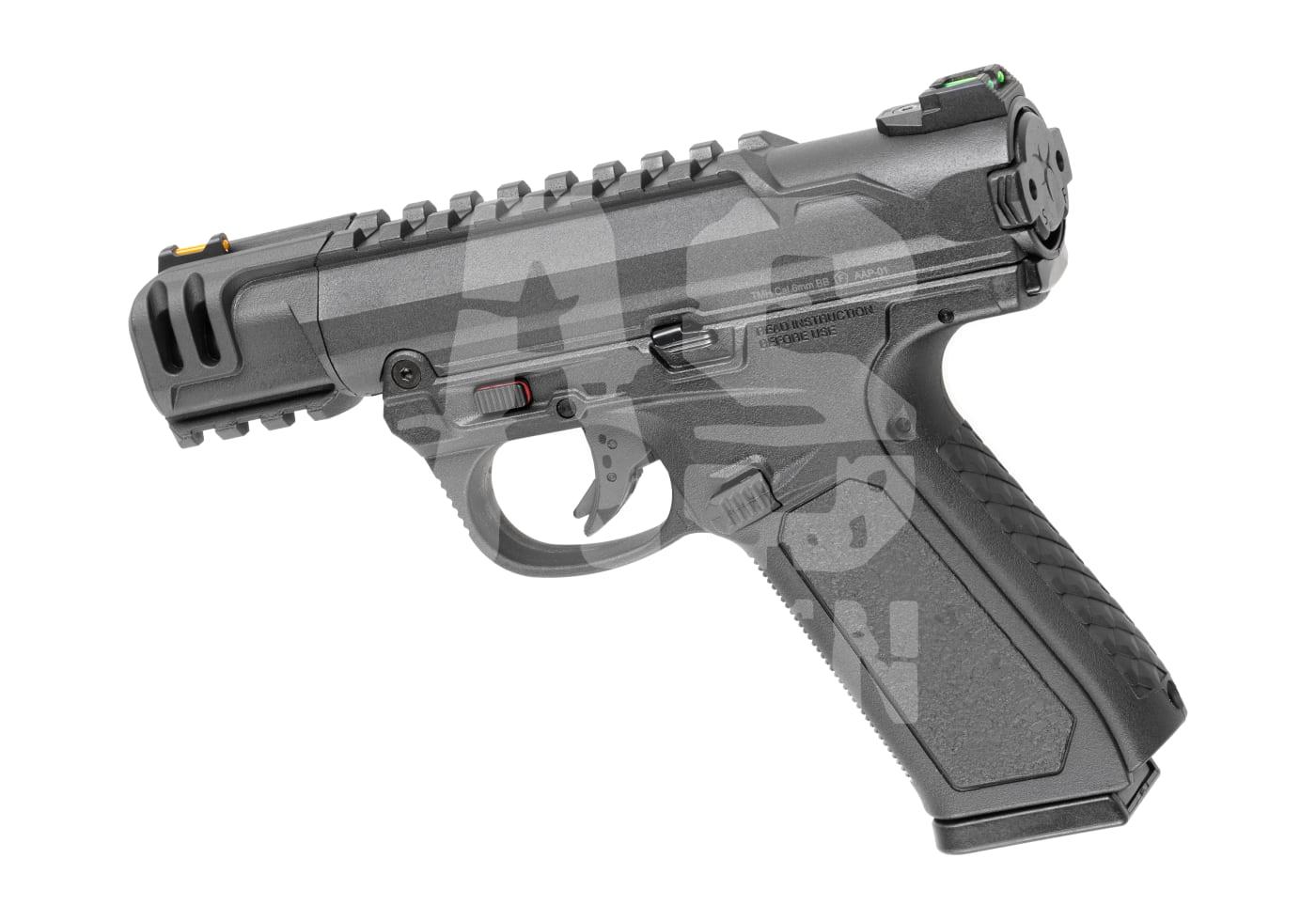 Schwarze Airsoft-Pistole mit taktischem Design und Schlitten oben. Ideal für Airsoft-Spiele.
