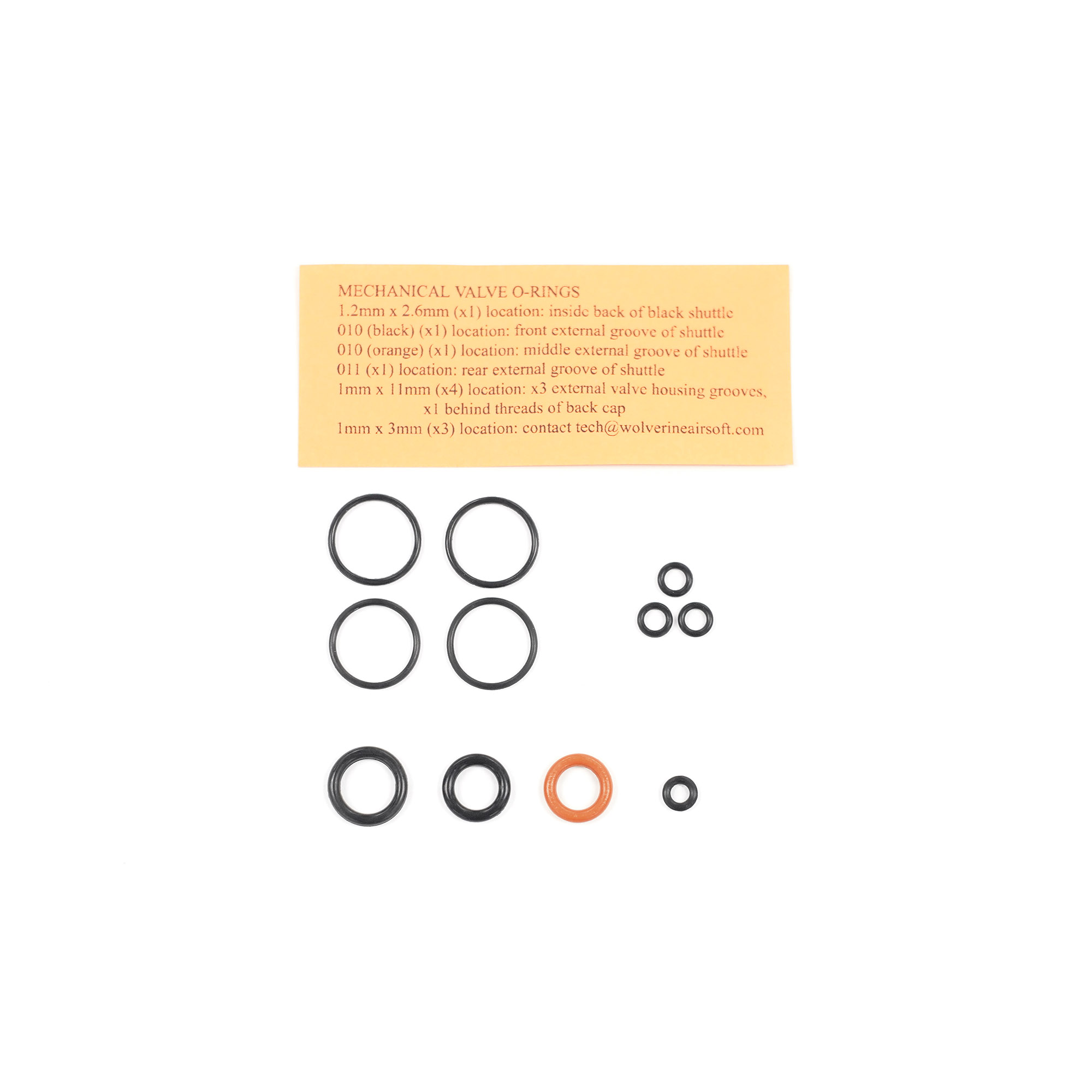 O-Ring-Set mit Größenangaben auf einem gelben Zettel für Airsoft-Ventile.