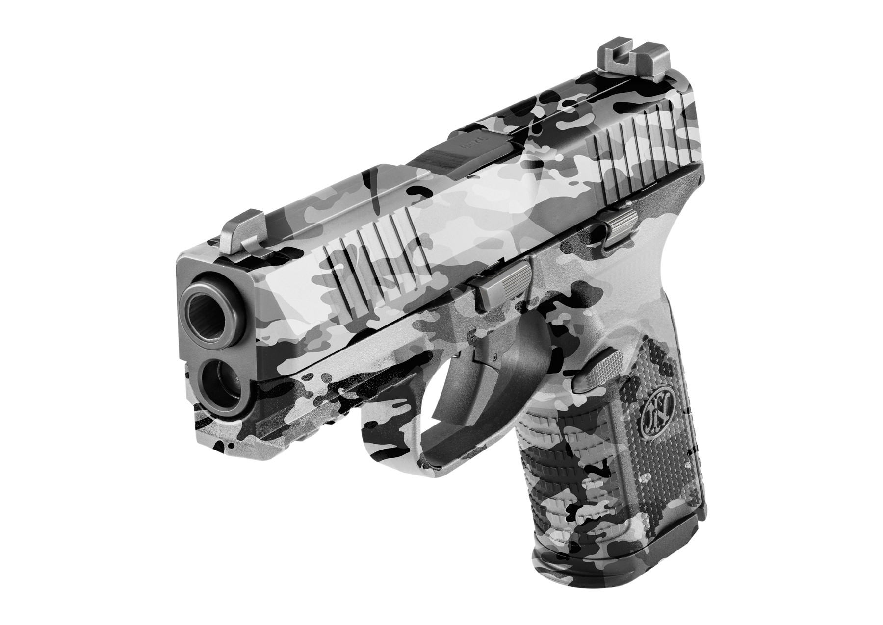 Airsoft-Pistole mit grauem Tarnmuster, seitlich nach links gerichtet.