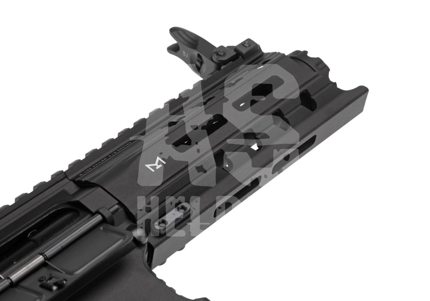 Airsoft-Vorderschaft mit Schiene und Klappvisier, schwarzes Design, M-LOK-Kompatibilität.