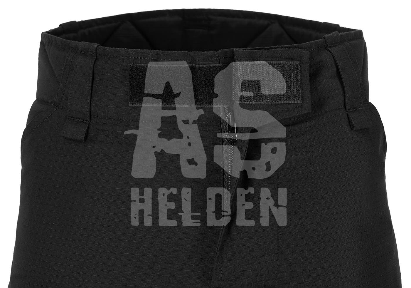 Schwarze taktische Hose mit Klettverschluss und Reißverschluss, Airsoft-Logo im Vordergrund.