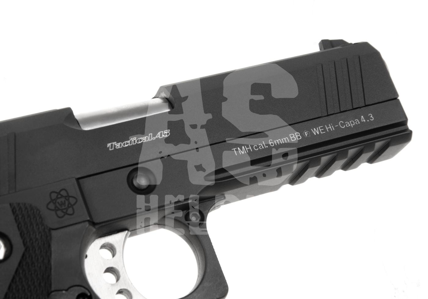 Airsoft-Pistolenverschluss, schwarz, Gravur "TMH cal. 6mm BB, WE Hi-Capa 4.3". Geeignet für Airsoftspiele.