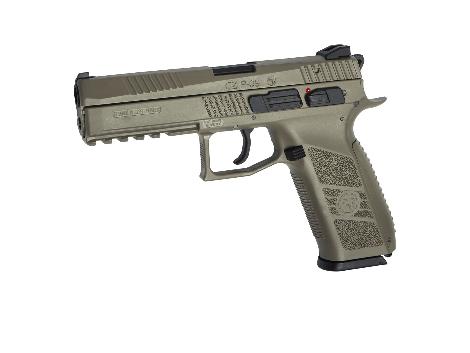 Airsoft-Pistole CZ P-09, olivfarben, seitliche Ansicht, ohne Magazin.