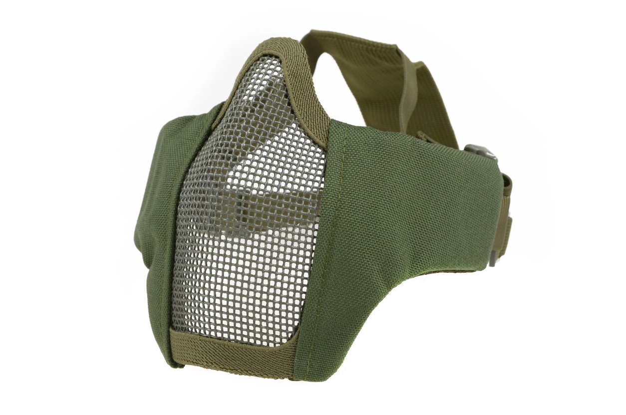 Olivegrüne Airsoft-Gesichtsmaske mit Metallgitter, bietet Schutz und gute Belüftung.