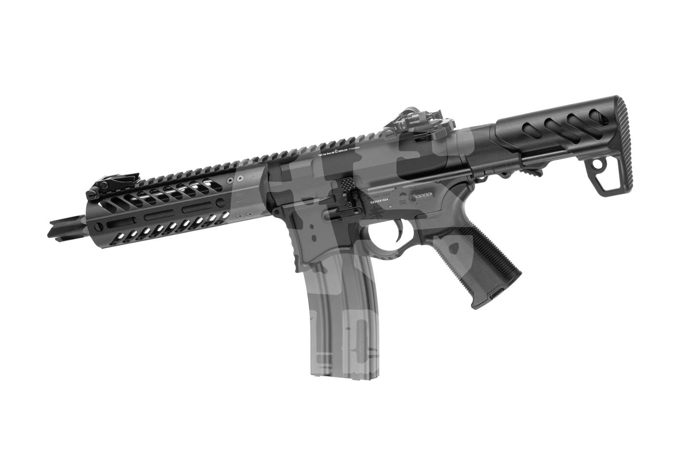 Airsoft-Gewehr mit taktischem Schaft und Handguard im schwarz-grauen Design.