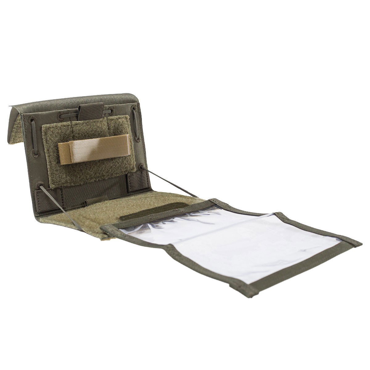 Lindnerhof Admin-Tasche MX116 Taktisches Klarsichtfach-Organizer in grün, geöffnet, mit Klettverschlüssen und transparentem Innenfach.