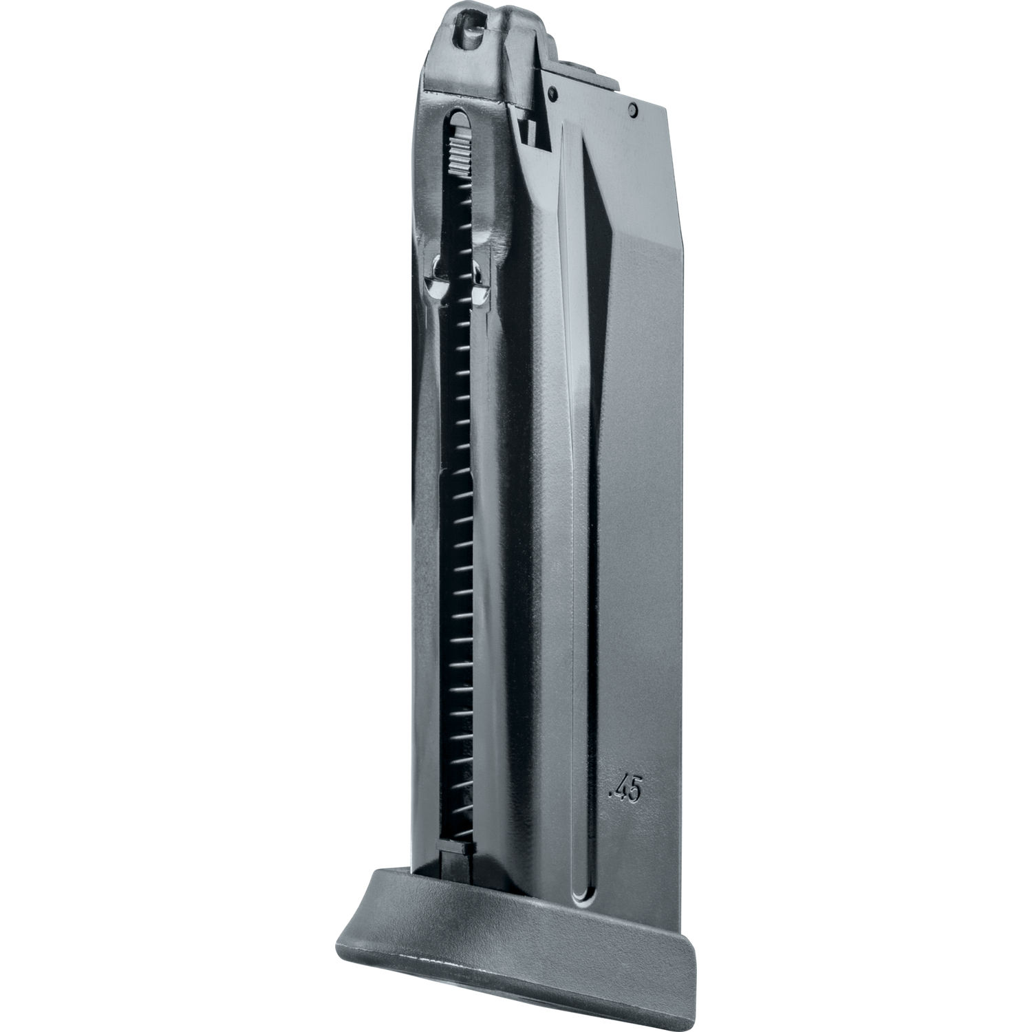 Airsoft-Pistol-Magazin, schwarz, Kaliber .45, seitliche Ansicht.