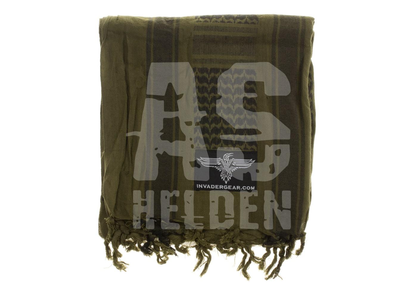 Oliveschwarzer Shemagh mit Fransen, Invader Gear Logo, geeignet für Airsoft-Tarnung und Schutz.