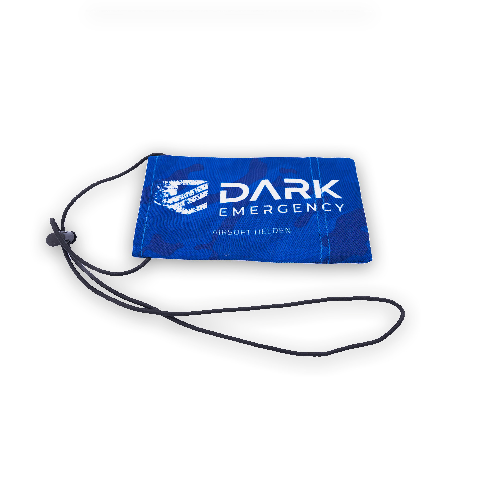 Blaues Stoffarmband mit Druckknopf, Aufschrift „Dark Emergency, Airsoft Helden“, und einer verstellbaren Kordel.