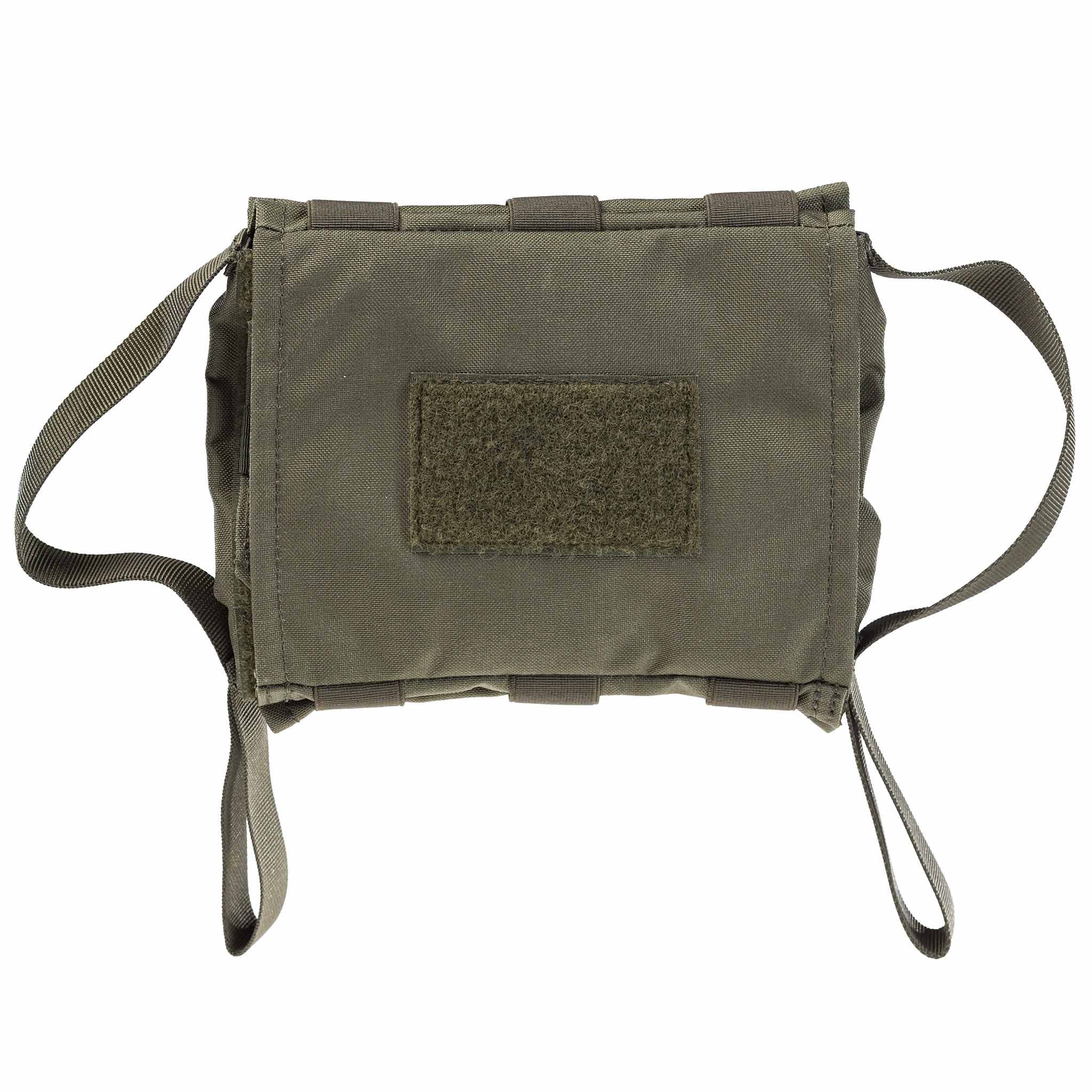 Olivegrüne Airsoft-Zubehörtasche mit Klettfläche und Trageschlaufen.