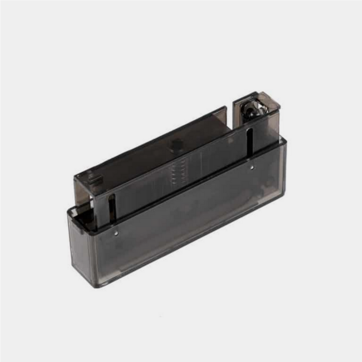 Airsoft Speedloader, transparent-schwarz, rechteckige Form, Seitenansicht.