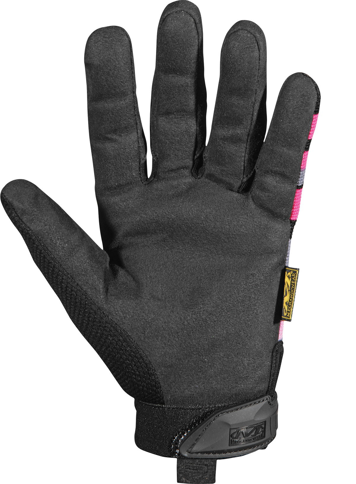 Schwarzer Mechanix-Handschuh, pinke Details am Rand, Klettverschluss am Handgelenk. Ideal für Airsoft.