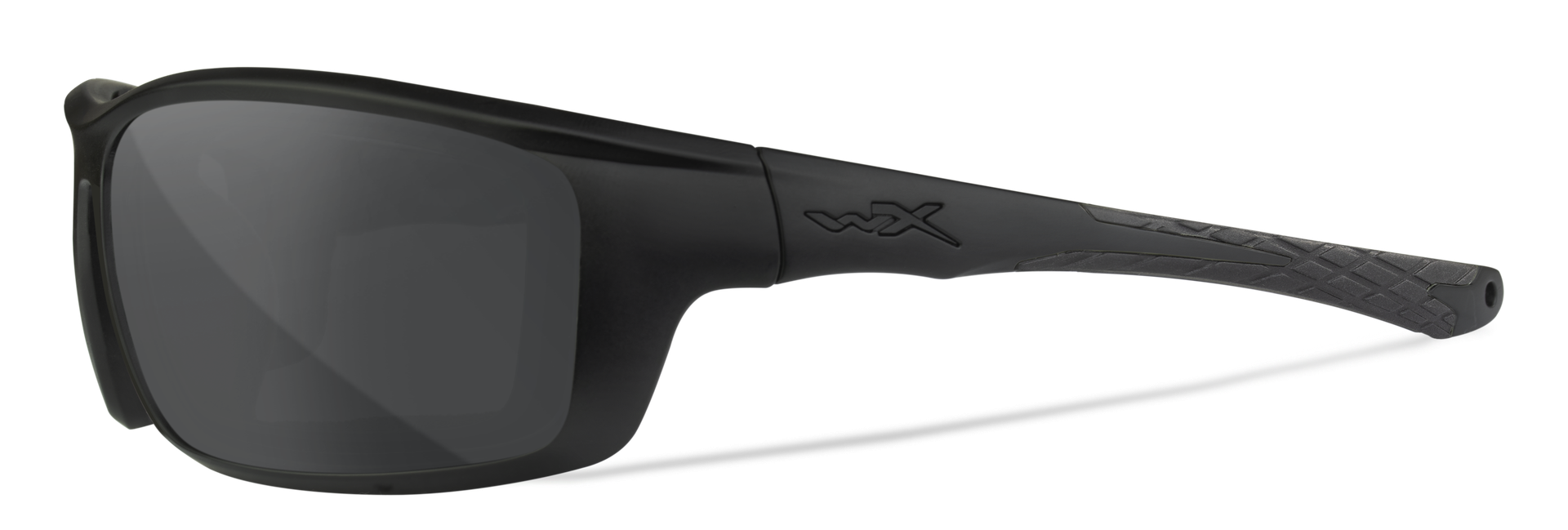 Schwarze Schutzbrille mit getönten Gläsern und WX-Logo an den Bügeln, ideal für Airsoft.