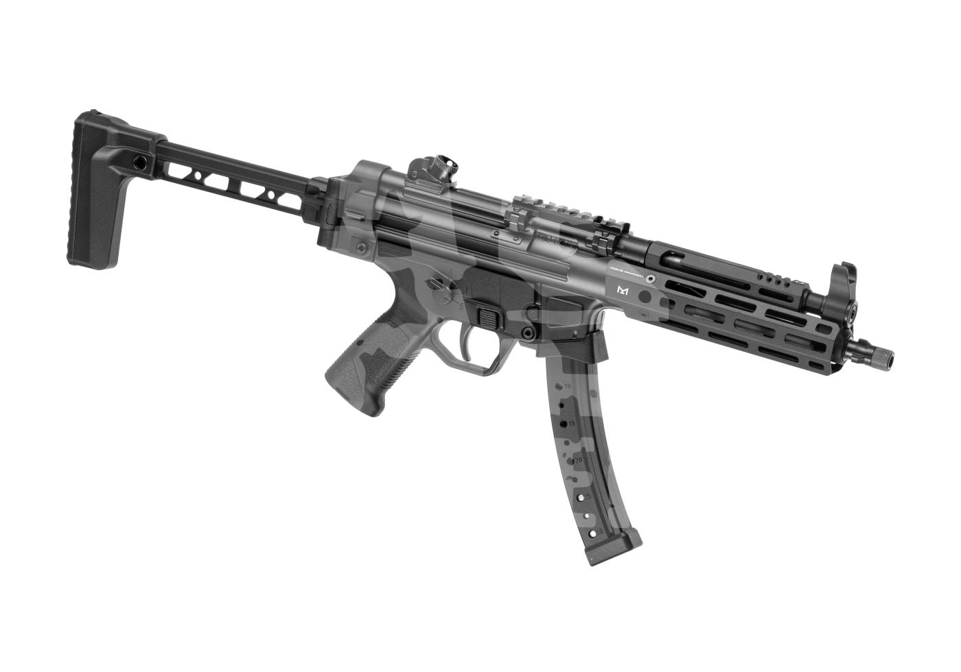 Airsoft-Maschinenpistole mit schwarzem Gehäuse, klappbarem Schaft und taktischer Schiene.