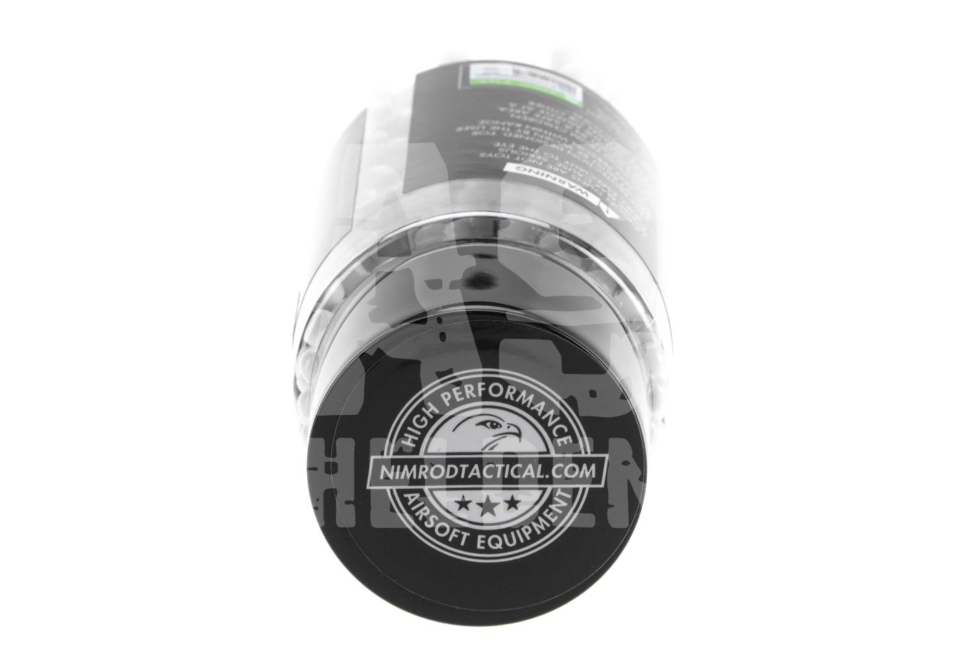 Nimrod 0.36g Bio BB Professional Performance 1000rds Nimrod Tactical Airsoft-BBs Flasche mit Logo und Beschriftung auf dem Deckel.