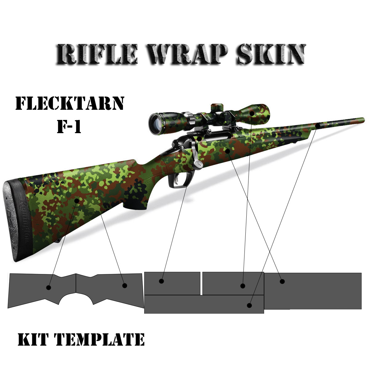 Tarnmuster-Gewehrfolie Flecktarn F-1, Kit-Template für Airsoft-Rifle, grüne und braune Tarnung.