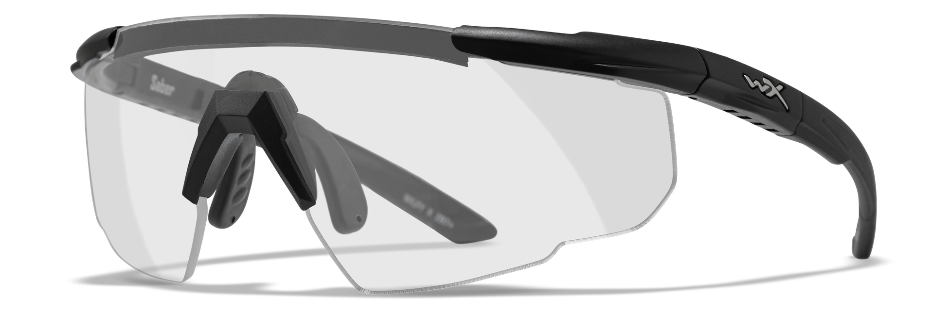 Sportliche Schutzbrille mit klaren Gläsern und schwarzem Gestell.