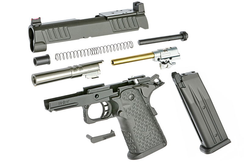 Zerlegte Airsoft-Pistole mit Schlitten, Griffstück, Magazin, Lauf und Federn.