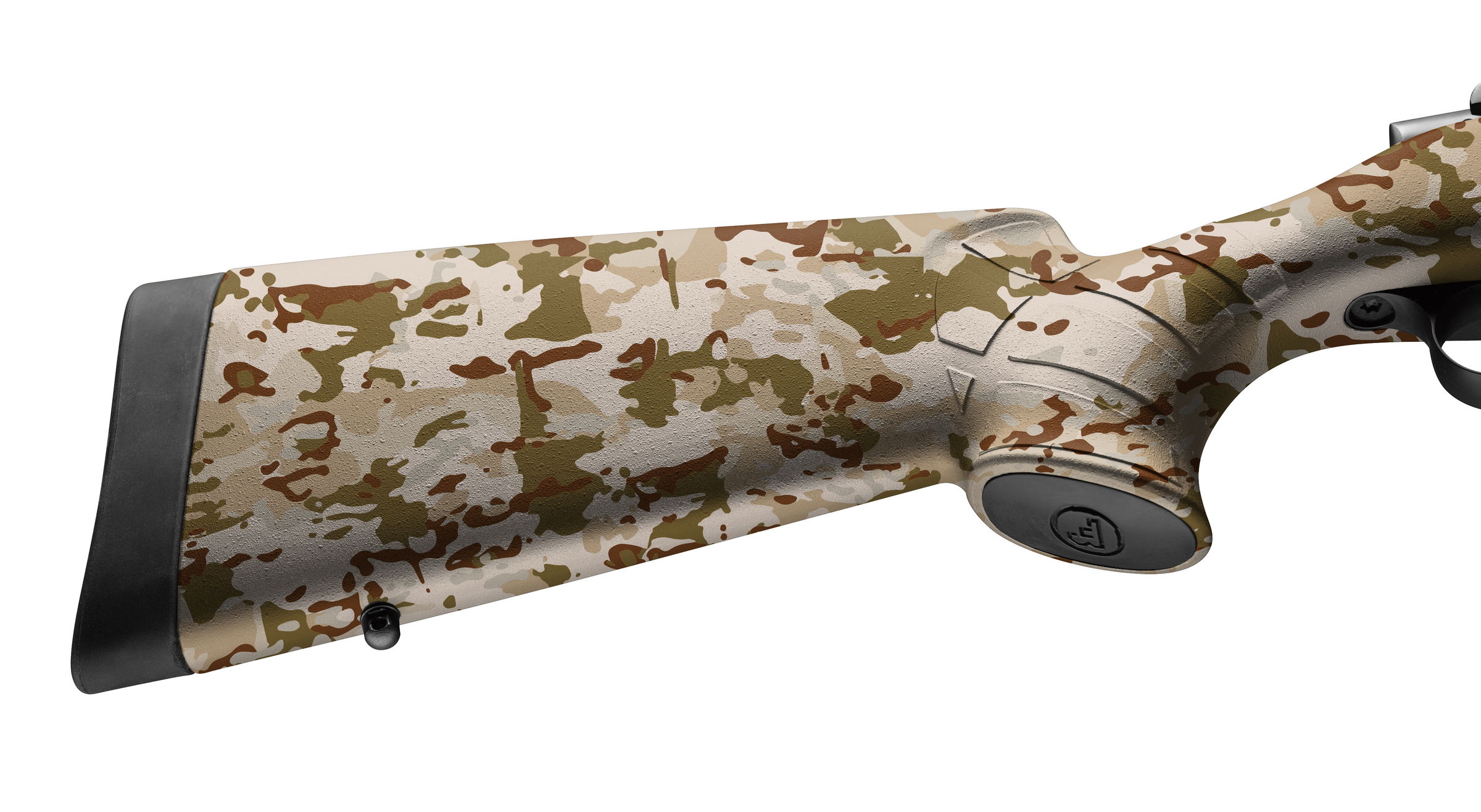 Airsoft-Gewehrschaft in Tarnfarben, Detailansicht mit ergonomischem Design.