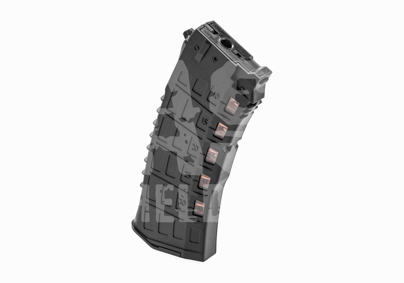 Magazin GK12 Midcap 120rds Schwarzes Airsoft-Magazin mit Kapazitätsanzeige und strukturiertem Griff.