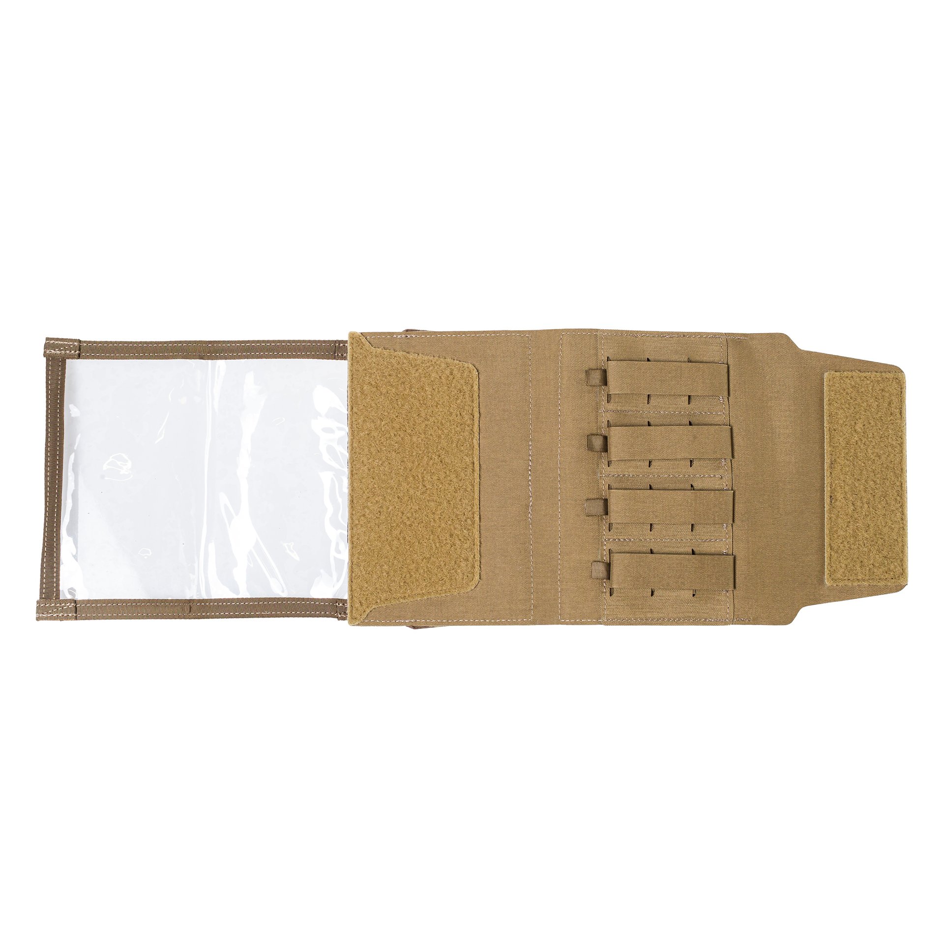 Kartenhalter aus Coyote-Braun mit Klett- und Molle-System, transparentes Fach links.