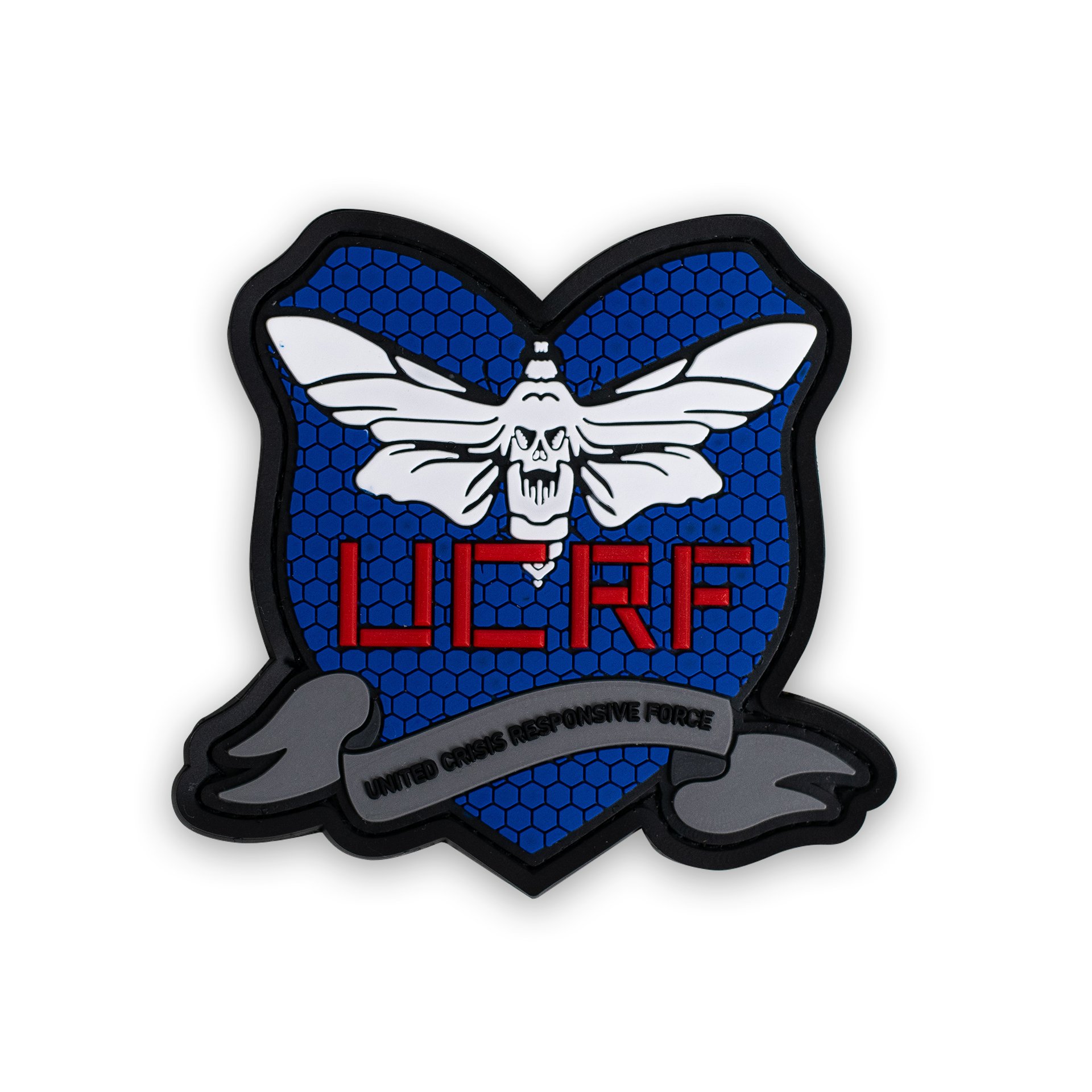 Light Sim - UCRF Schildpatch Blaues UCRF-Abzeichen mit Totenkopf-Motte und roter Schrift, "United Crisis Responsive Force".