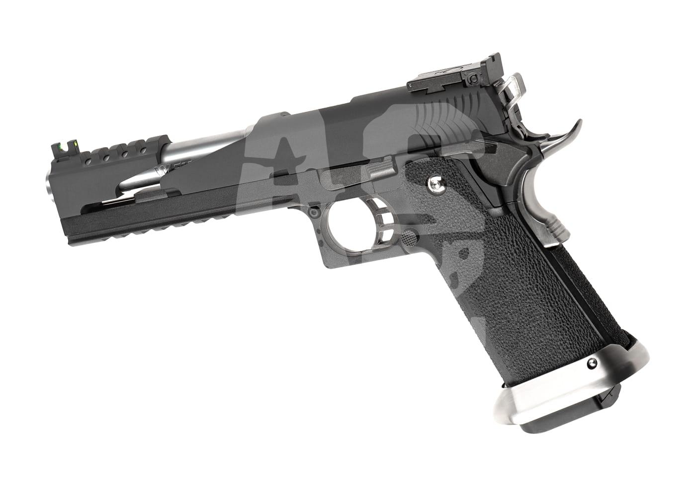 WE Hi-Capa 6 T-Rex Customs Titanium Barrel Full Metal GBB - ab 18 Jahren Airsoft-Pistole, modern und schwarz, mit texturiertem Griff und silbernen Details auf weißem Hintergrund.