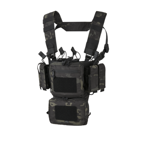 Taktische Weste in schwarzem Tarnmuster mit mehreren Taschen und Klettflächen für Airsoft-Ausrüstung.