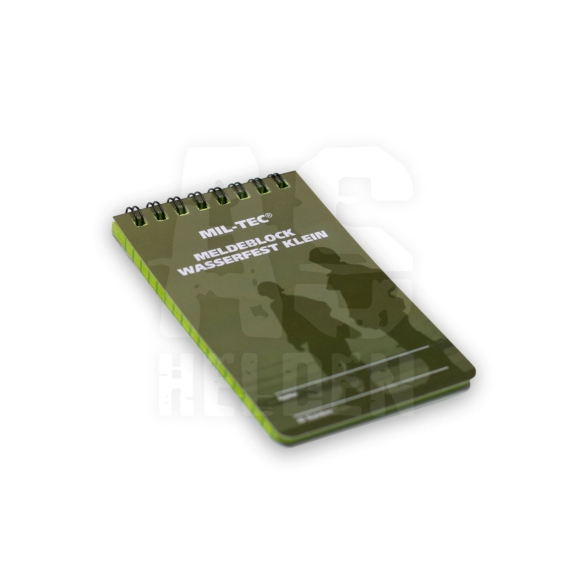 Wasserfester, grüner Meldeblock von Mil-Tec, klein, mit Spiralbindung.
