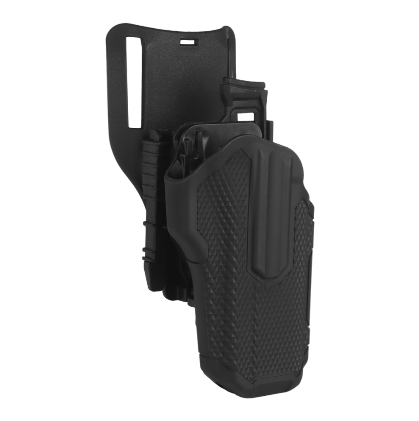 Wosport Universal Holster GB-84 Schwarzes, robustes Holster für Airsoft-Waffen mit Gürtelhalterung, texturierter Oberfläche.