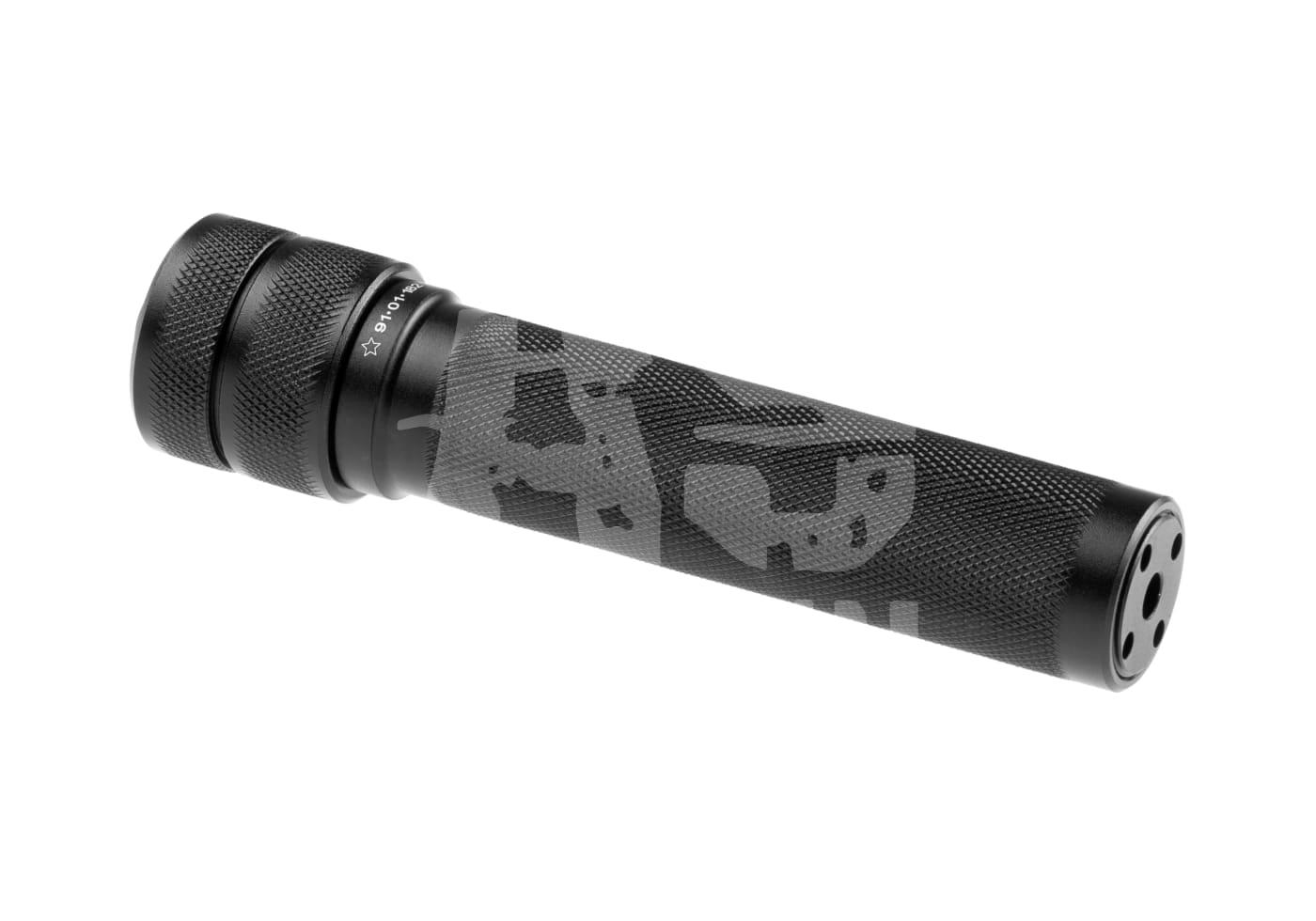 Schwarzer Airsoft-Schalldämpfer mit geriffeltem Griff und zylinderförmigem Design.