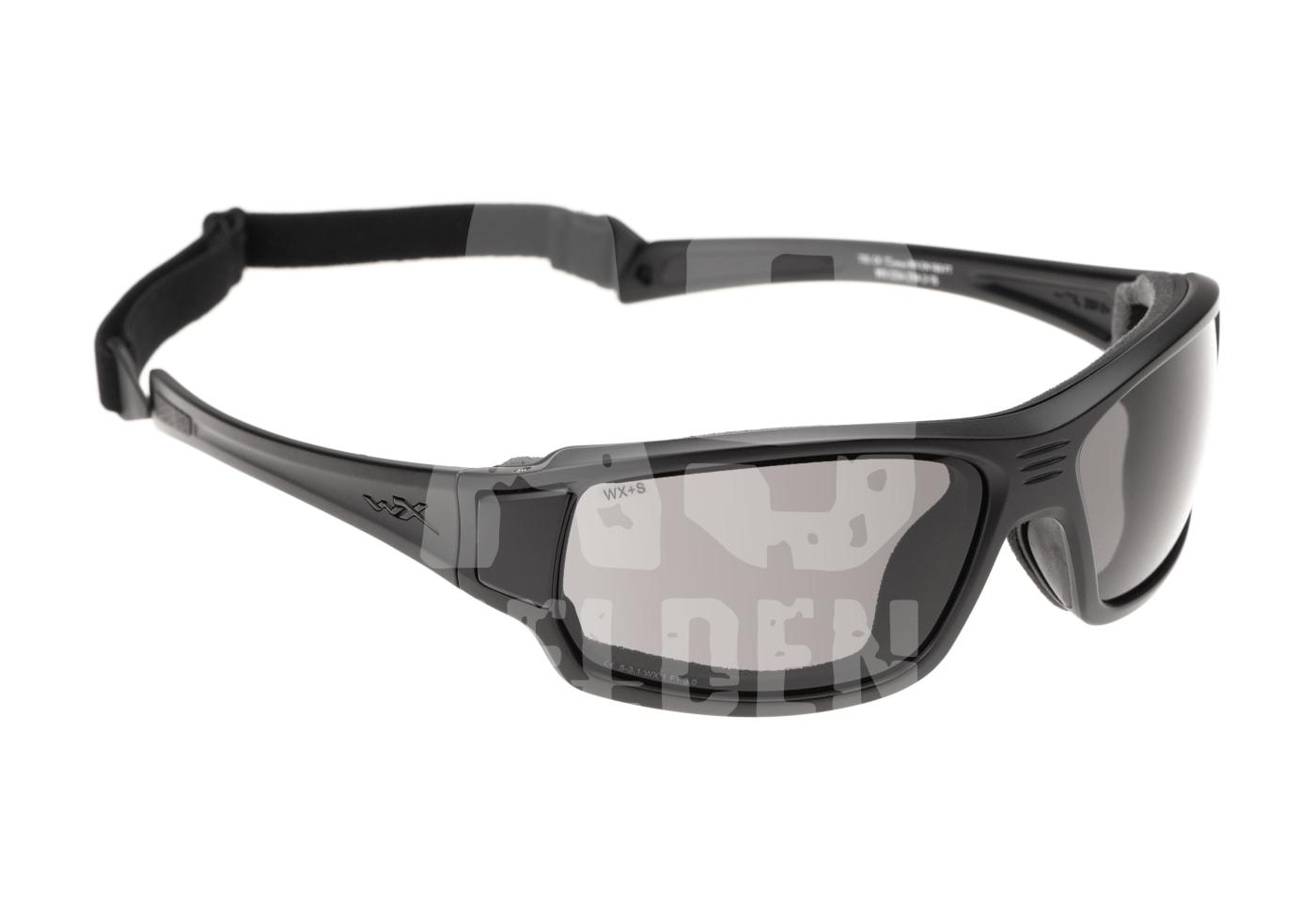 Schwarze Schutzbrille mit getönten Gläsern und verstellbarem Kopfband für Airsoft.