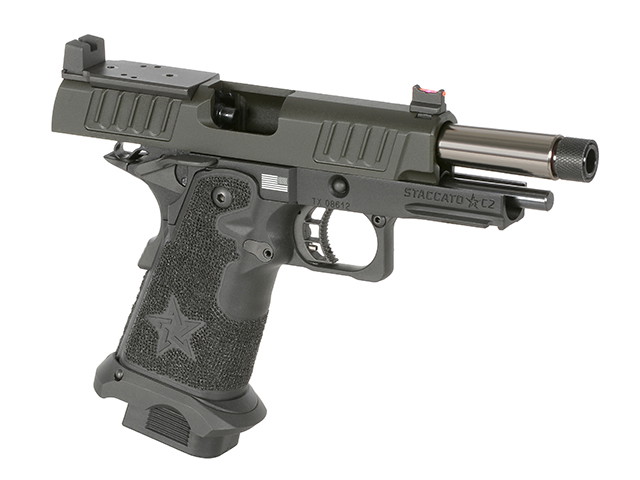 Airsoft-Pistole in Schwarz mit strukturiertem Griff und freiliegendem Lauf. Ideal für taktische Spiele.