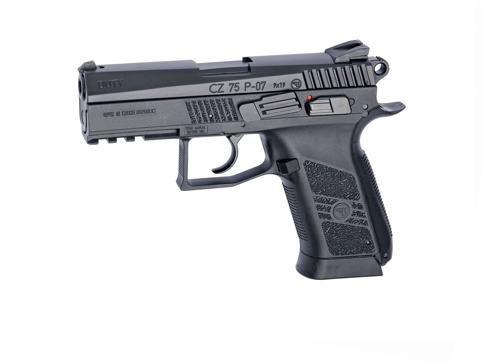 Schwarze CZ 75 P-07 Airsoft-Pistole mit strukturiertem Griff und sichtbarem Schlitten aus seitlicher Ansicht.