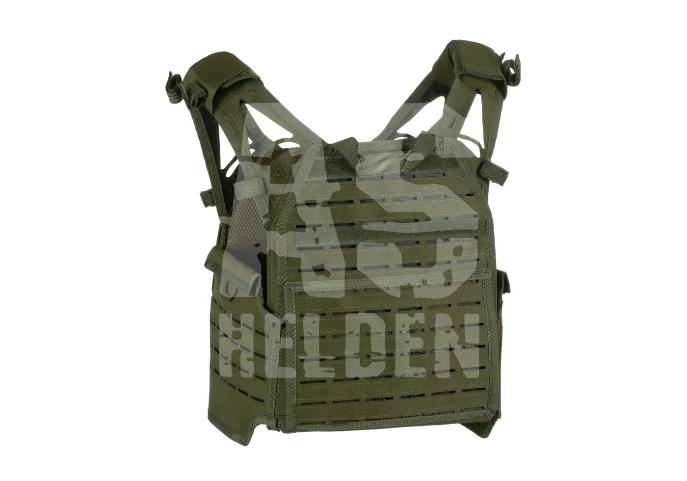 Olivegrüner Airsoft Plattenträger mit Lasercut-Molle-System, verstellbaren Schulterriemen und minimalistischen Design.
