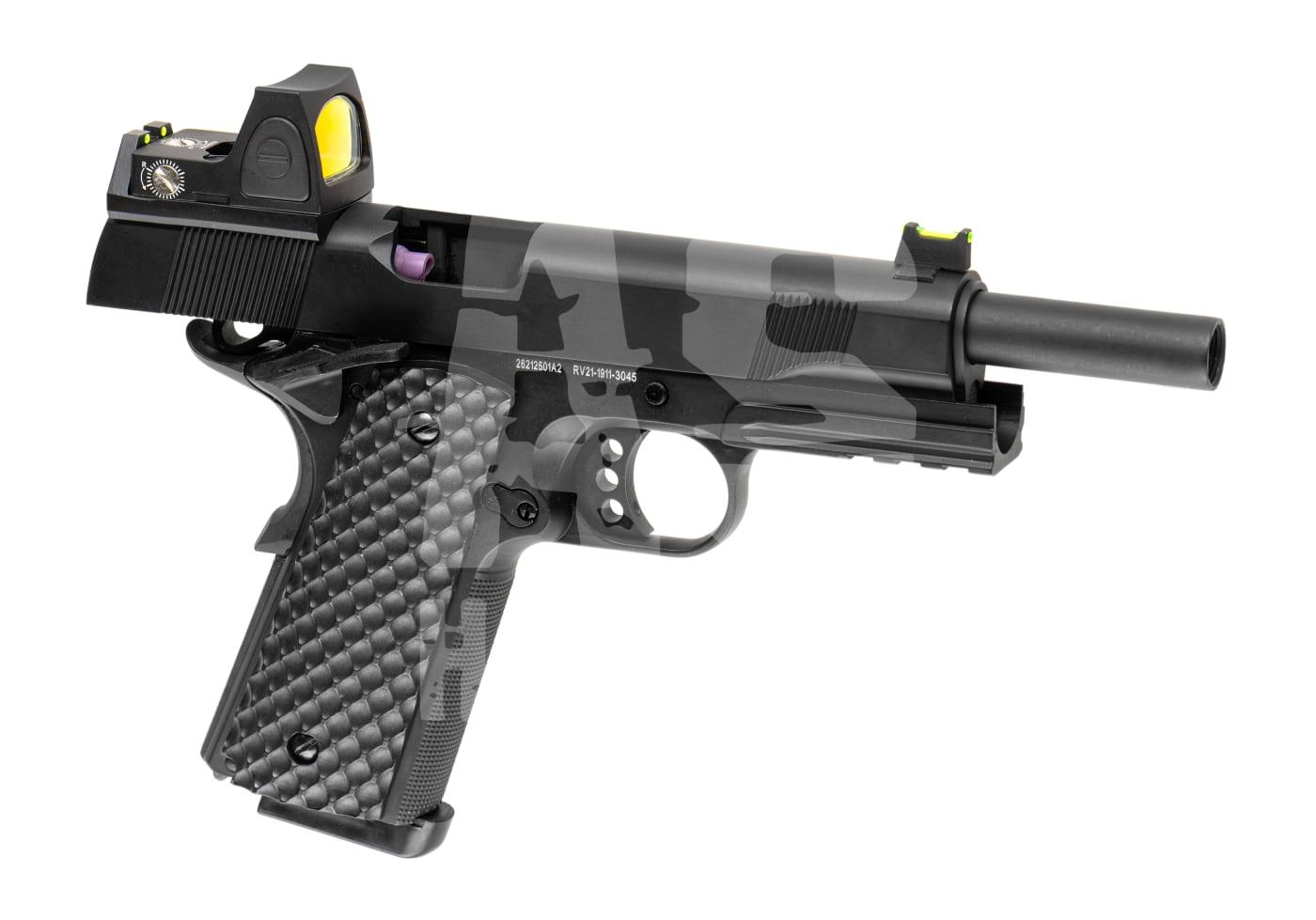 Airsoft-Pistole mit Zielfernrohr, schwarzes, texturiertes Griffstück und Camouflage-Design.