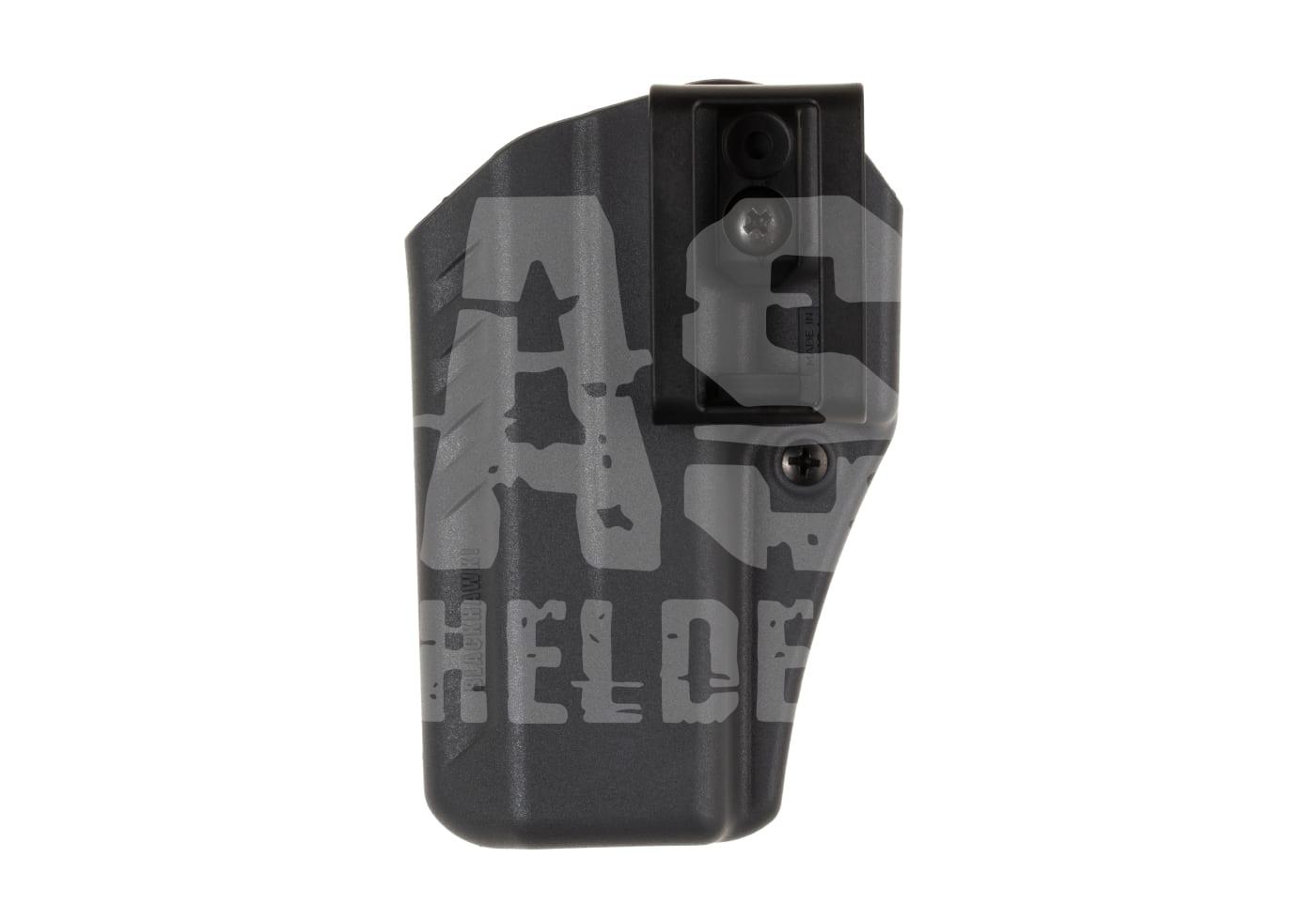 Schwarzes Kydex-Holster mit Clip, für Airsoft-Waffen, auf weißem Hintergrund.