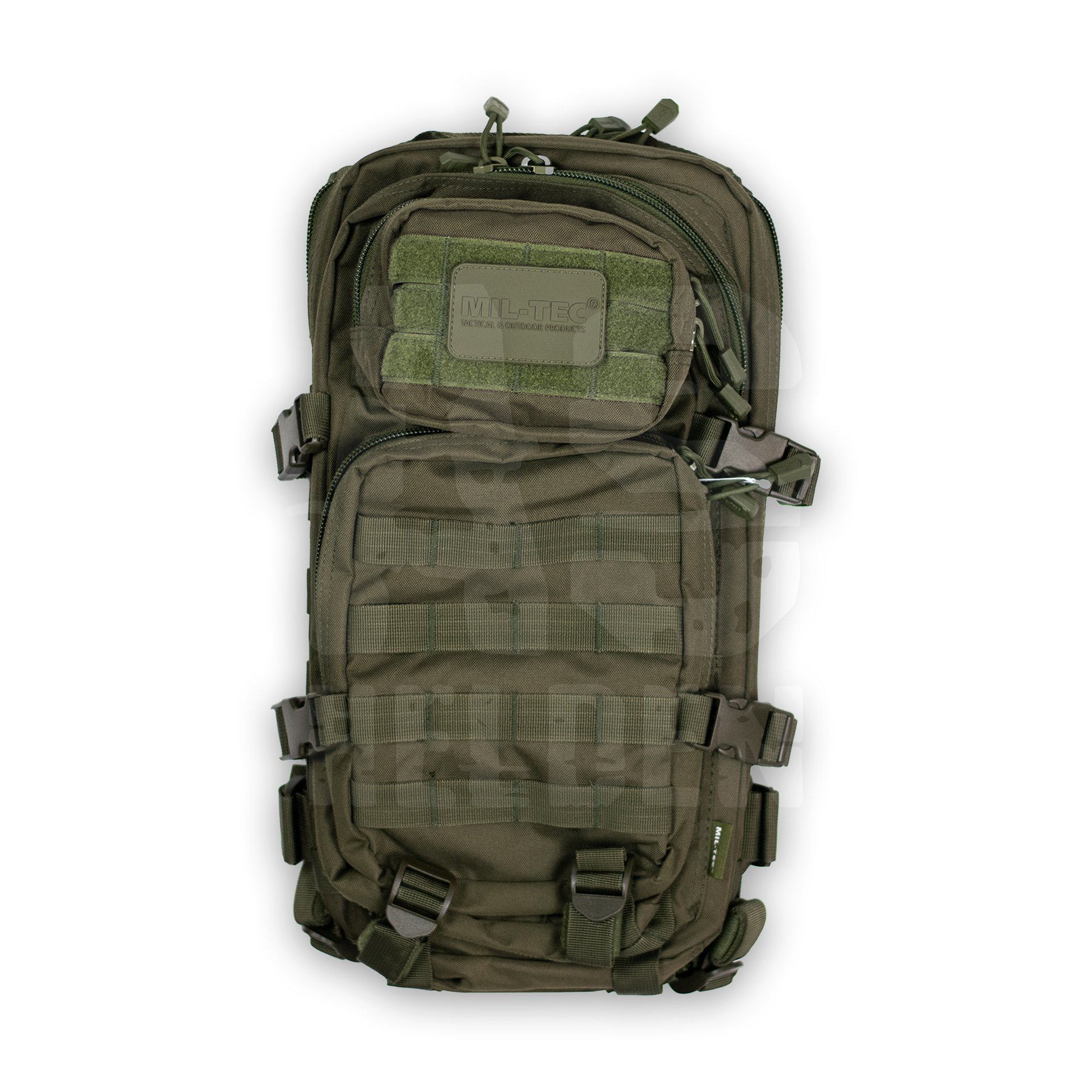 US ASSAULT PACK SM OLIV Taktischer, olivgrüner Rucksack mit mehreren Fächern und MOLLE-System für Airsoft-Ausrüstung.