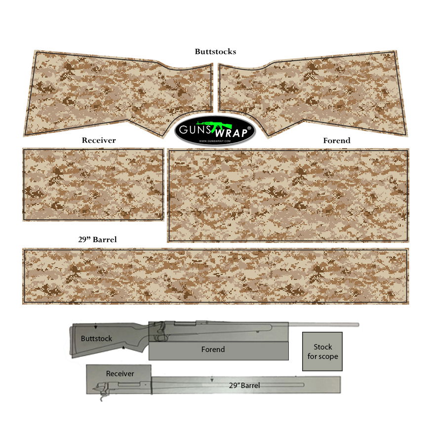 GunsWrap Rifle Skins Tarnaufkleber-Set für Gewehrteile in Wüsten-Camo, inkl. Schaft, Abzug und Lauf.