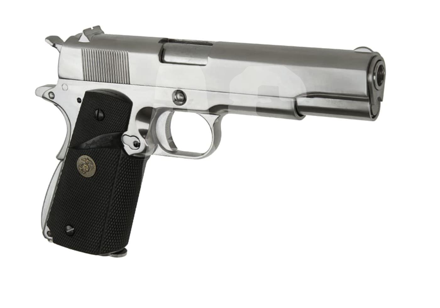 Silberne Airsoft-Pistole mit schwarzem Griff, Seitenansicht, auf weißem Hintergrund.