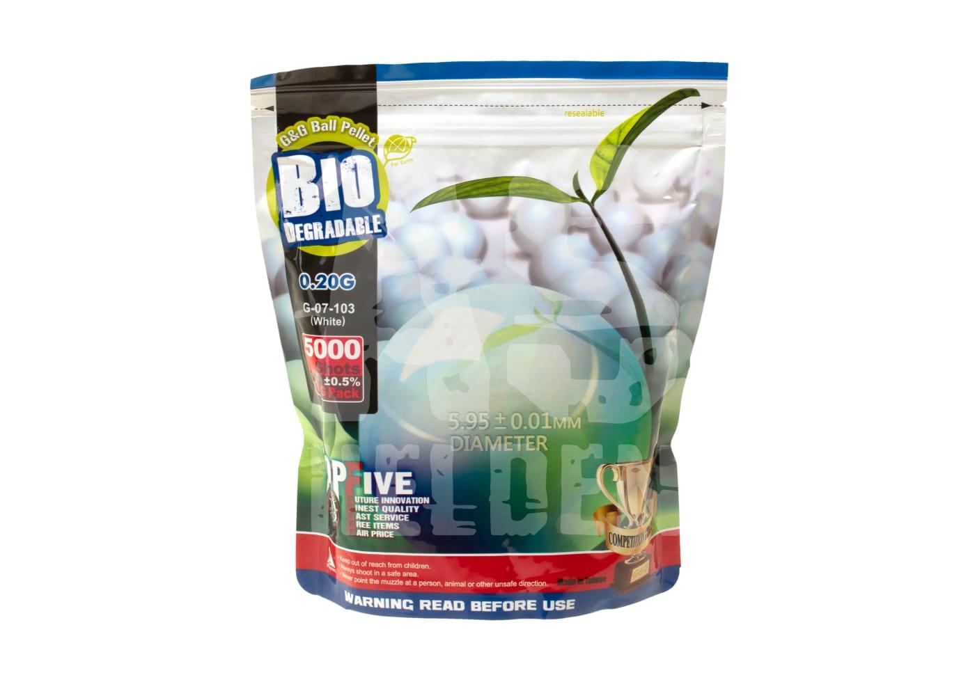 Biologisch abbaubare 0,20g Airsoft-BBs, 5000 Stück, Weiß in wiederverschließbarer Verpackung.
