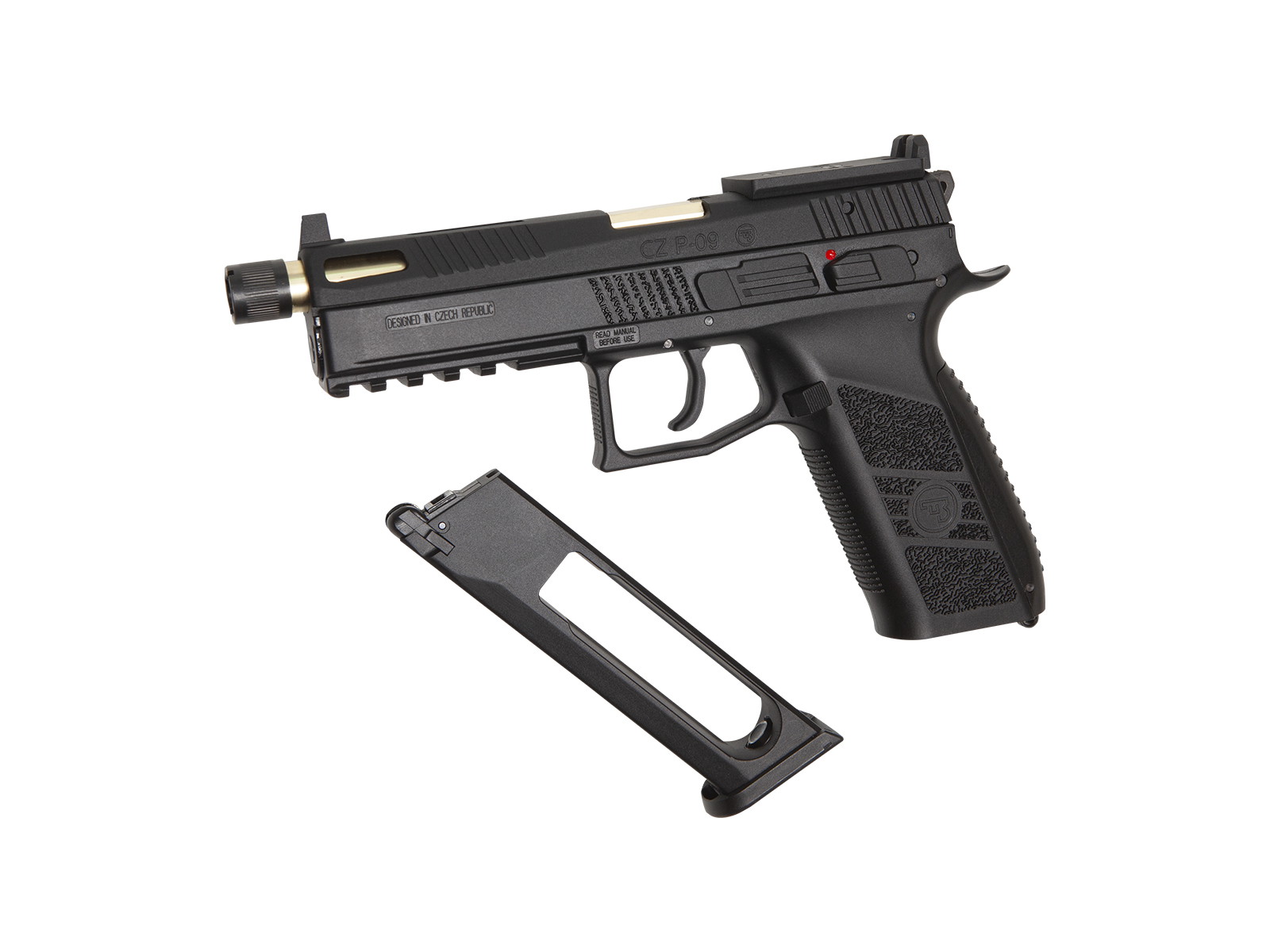 Airsoft-Pistole mit herausgenommenem Magazin, schwarzer Griff und taktischen Details.