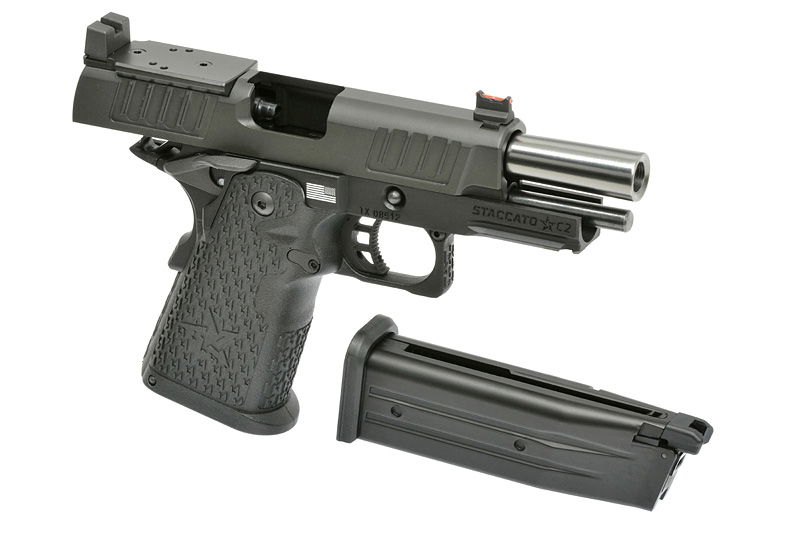 Airsoft-Pistole mit abgenommenem Magazin, schwarzes Design, freigelegter Lauf und Schlittenöffnung.